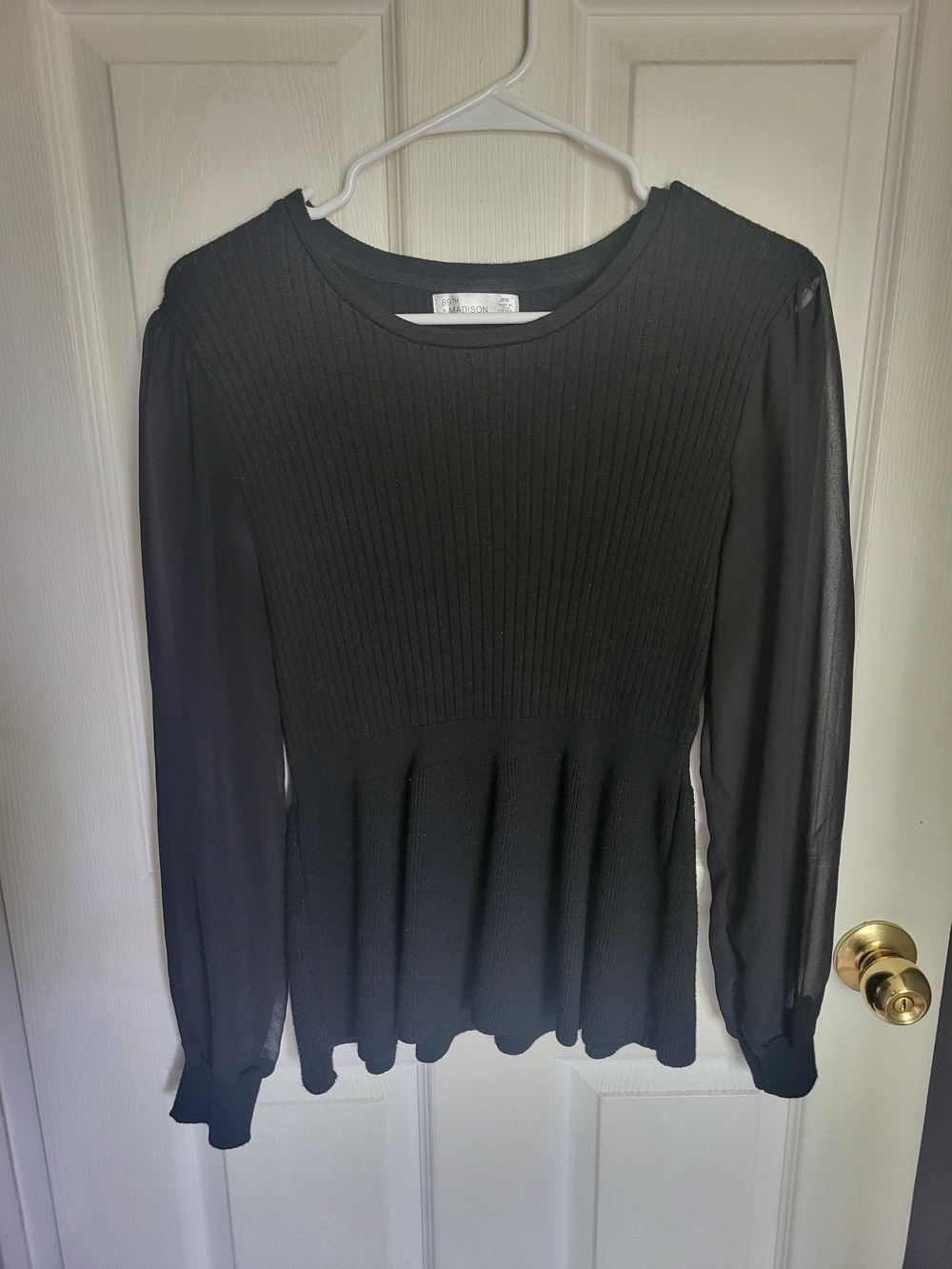 89th & Madison Black Ribbed Peplum Sweater with Sheer Sleeves